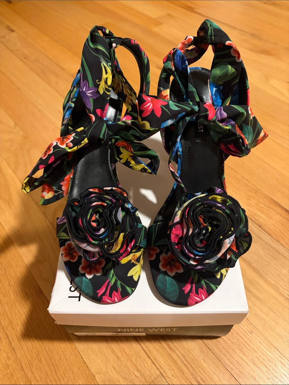 Nine West Black Floral Tie-Ankle Heels with Rosette Detail